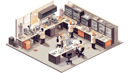 3D isometric laboratory view with scientific apparatus and researchers at work.