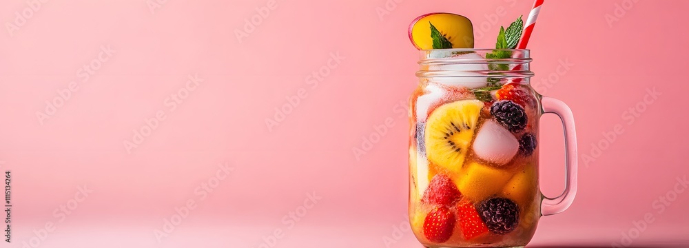 Poster a refreshing smoothie in a mason jar with fruit slices and ice cubes, placed against a bright, solid