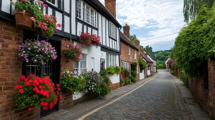 Obraz premium Village road with cobblestones, traditional brick houses, and hanging flower baskets, peaceful countryside