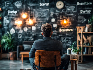 Obraz premium Young businessman focused on a whiteboard in a minimalistic workspace, startup brainstorming session.