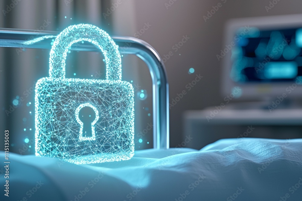Poster a lock is shown in a hospital room with a computer monitor in the background