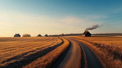 Obraz premium Winding village road through a meadow, traditional homes with smoke rising from chimneys, peaceful scene