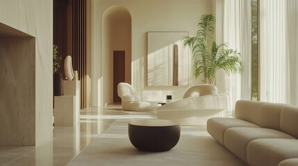 Fototapeta premium Modern minimalist style, living room design, beige sofa, chat and leisure, simple atmosphere, warm and comfortable