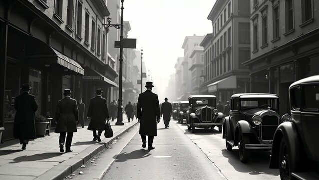 Fototapeta Black-and-White 1920s Street Scene with Vintage Cars and Shops