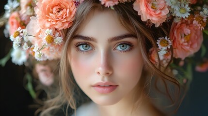 Naklejka premium Exquisite floral crown created with a lush arrangement of colorful blossoms including peonies and daisies offering a whimsical garden inspired look perfect for special occasions events