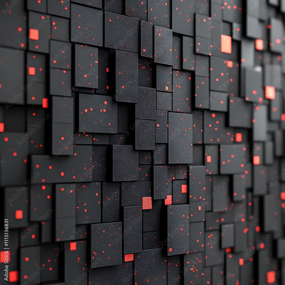 Poster abstract dark grey and red square blocks texture.