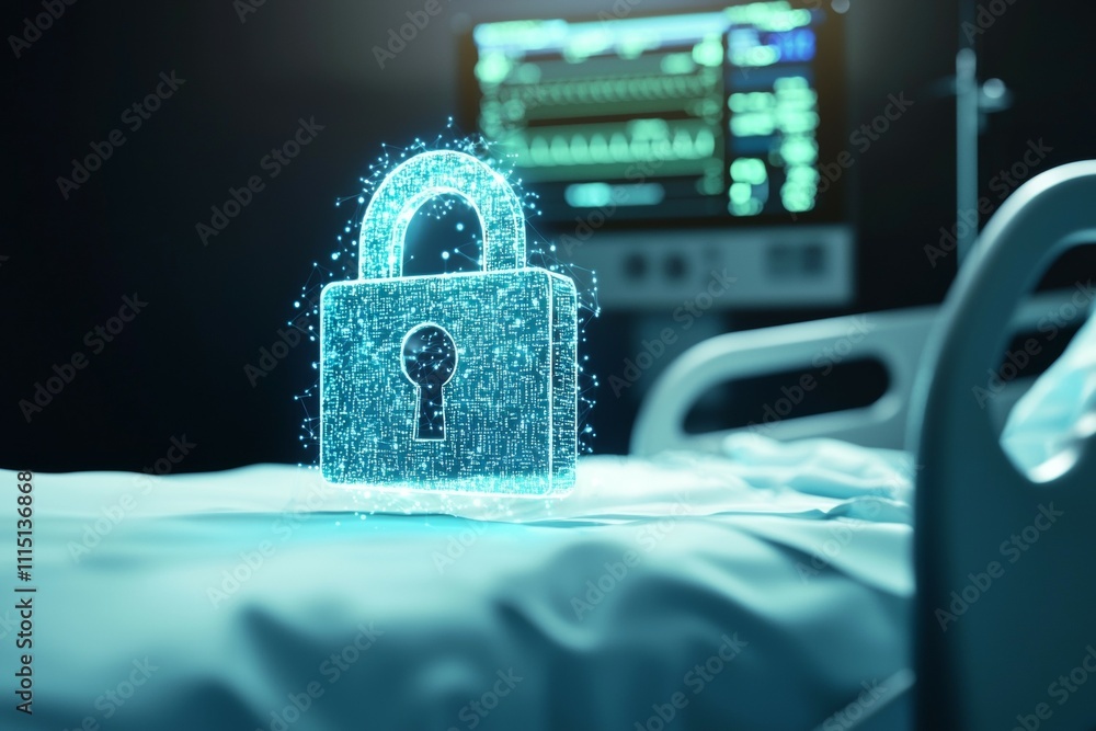 Poster a blue lock with a keyhole is displayed on a bed