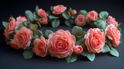 Obraz premium Exquisite close up of a beautifully crafted rose crown made from soft pink roses with delicate green leaves arranged in a stunning circular shape for a romantic feminine look
