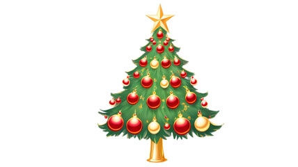 Obraz premium A perfectly symmetrical Christmas tree with red and gold ornaments, glowing star topper, transparent background.