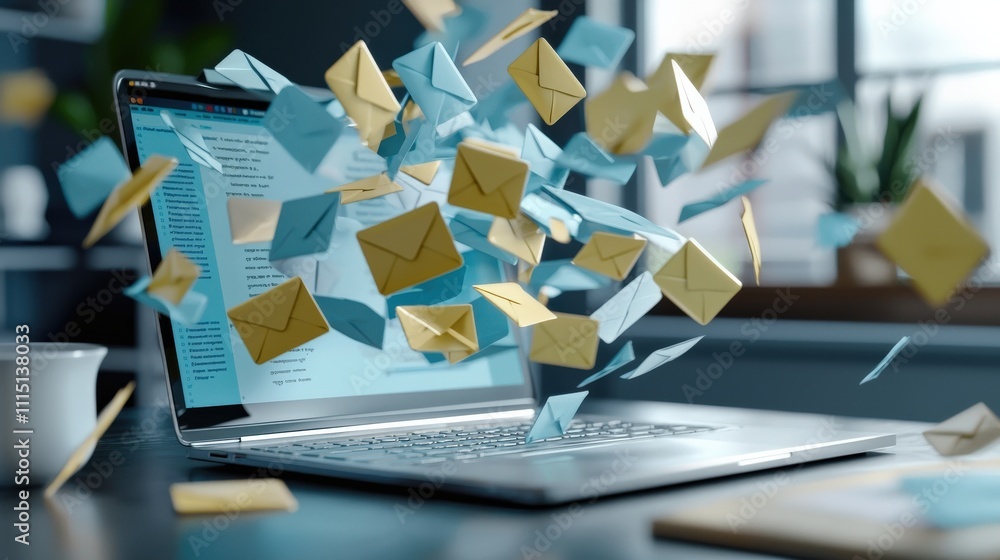 Leinwandbilder Laptop displaying a visually exaggerated inbox overload, with hundreds of envelope icons pouring out into the air