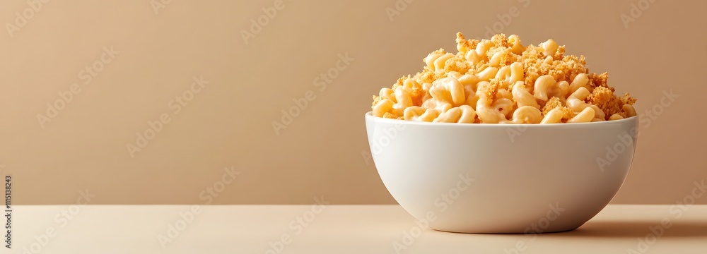 Poster a hearty bowl of macaroni and cheese with a crispy breadcrumb topping, placed on a clean, minimal ba