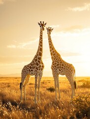 Obraz premium Giraffes standing side by side as the sun dips below the horizon, casting long shadows across the ground, savannah, landscape, shadows