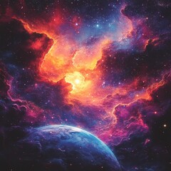 Cosmic Nebula Swirling Around A Vibrant Planet