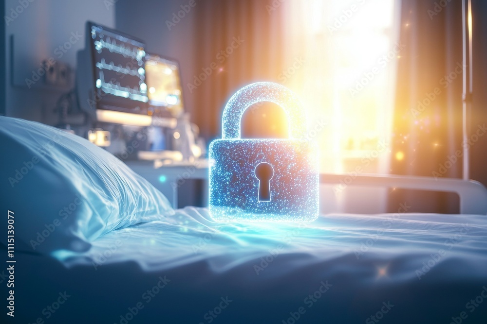 Poster a blue lock is on a bed with a computer monitor and a keyboard