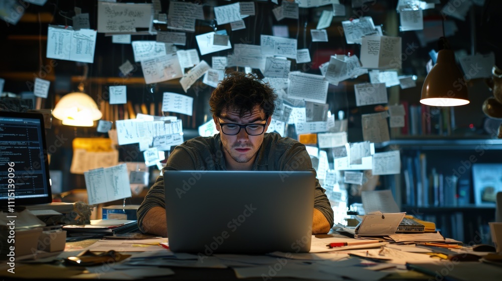 Poster close-up of a stressed individual staring at a laptop with an email-cluttered screen in a busy offic