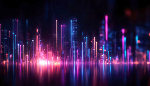 Vibrant city skyline with colorful neon lights at night.