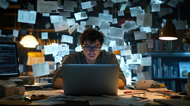 Close-up of a stressed individual staring at a laptop with an email-cluttered screen in a busy office