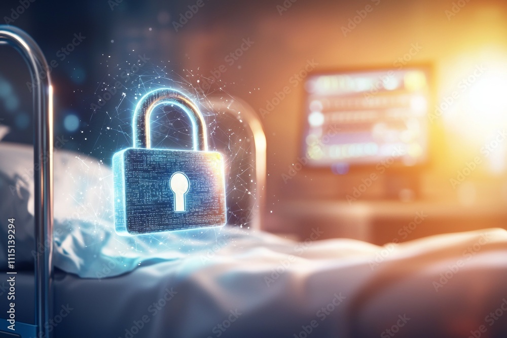 Poster a lock is shown on a bed with a computer monitor in the background