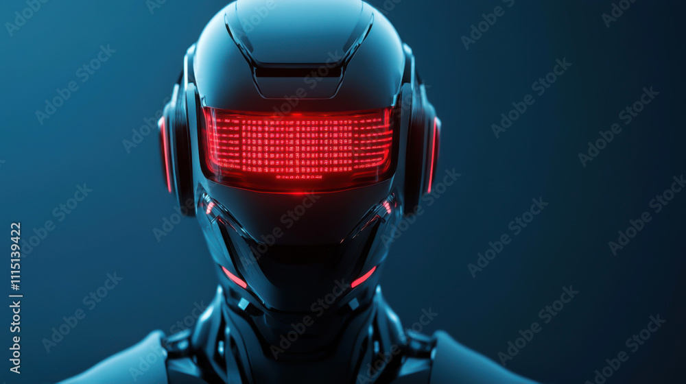 Poster futuristic robotic head with illuminated red features.