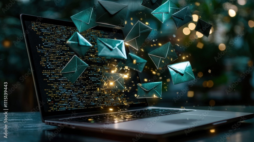 Leinwandbilder Abstract visualization of email overload with envelopes pouring out of a glowing laptop screen