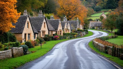 Fototapeta premium Country village road with a gentle curve, traditional cottages, and a flowing stream beside