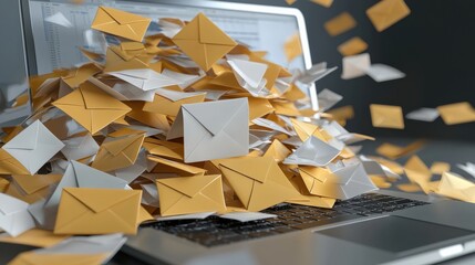 Overflowing email inbox displayed on a laptop screen, with virtual envelopes spilling into the foreground
