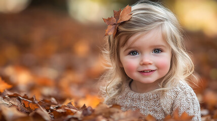 Fototapeta premium Child enjoys autumn leaves in park with cheerful expression on a sunny day