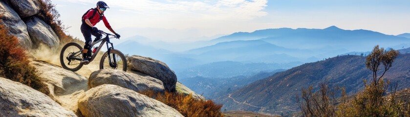 Fototapeta premium A mountain biker navigates rocky terrain with scenic mountains in the background.