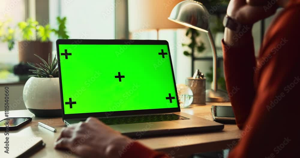 Poster laptop, person and green screen with tracking markers, mockup space and phone call as ux. hands, tec