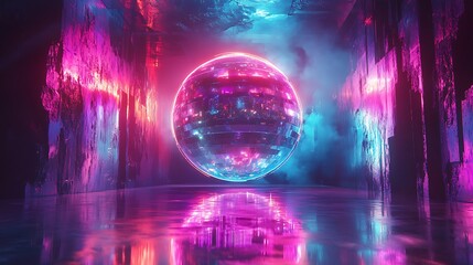Obraz premium Vibrant neon sphere in mystical environment digital art abstract
