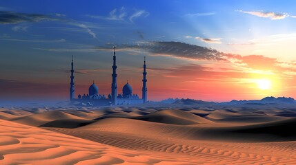 Majestic mosque at sunset in a vast desert landscape.