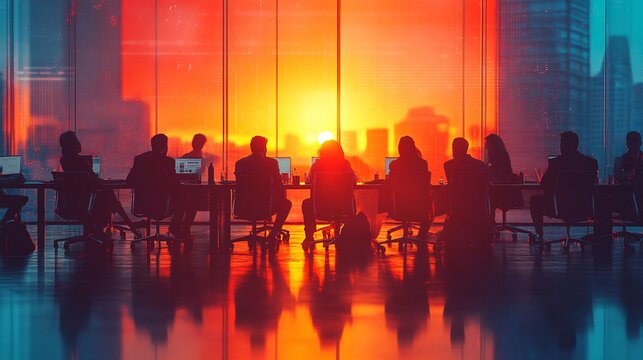 Business team meeting in a modern office, vibrant colors, creative background, silhouettes of people sitting around a table with laptops and documents on it, colorful gradient glass walls,
