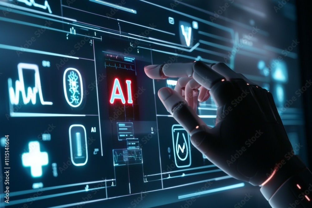 Poster a robot hand is pointing to the word ai on a computer screen