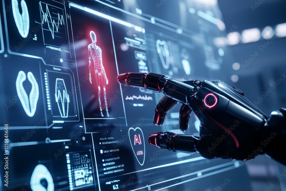 Poster a robotic hand is pointing at a screen with a red heart on it
