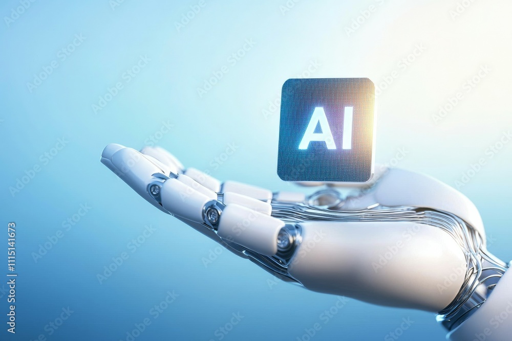Poster a robot hand holding a cube with the letters ai on it