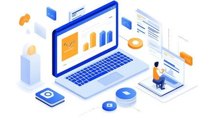 Data analysis event with laptop in modern office setting