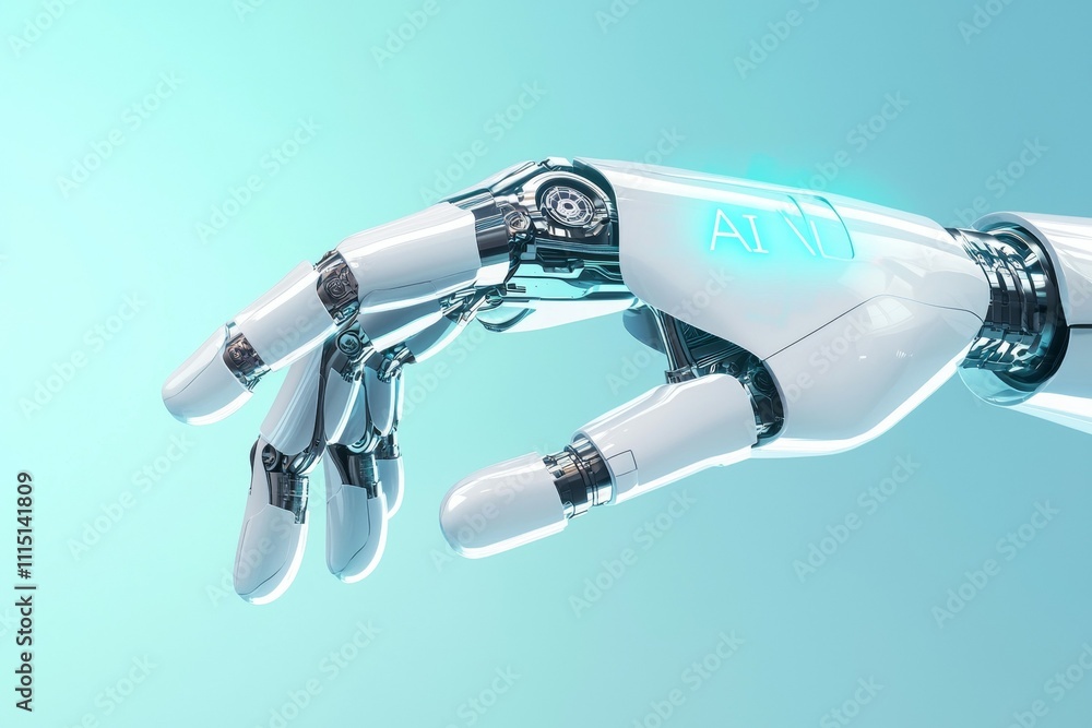 Poster a robotic hand with the letters a and v on it