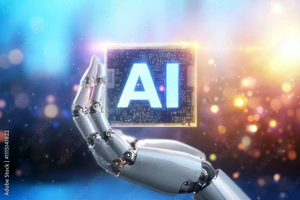 Poster a robot is holding a box with the letters ai on it
