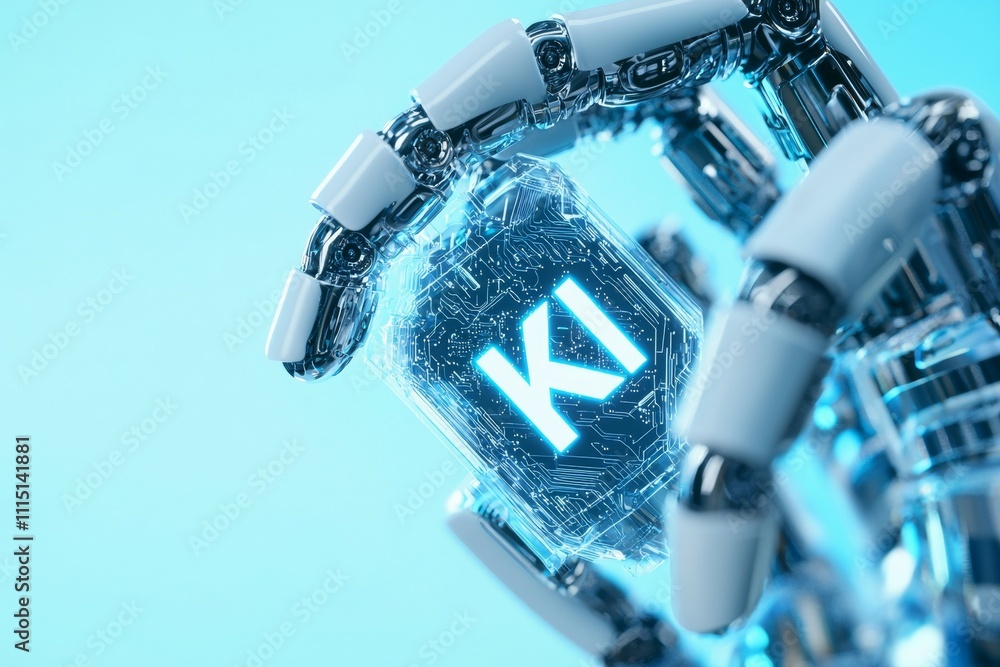 Poster a robot is holding a keyboard with the letters k and i on it