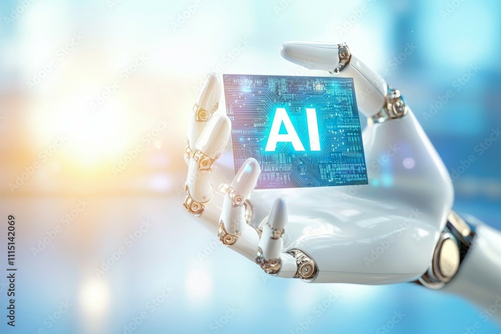 Poster a robot is holding a card with the word ai on it