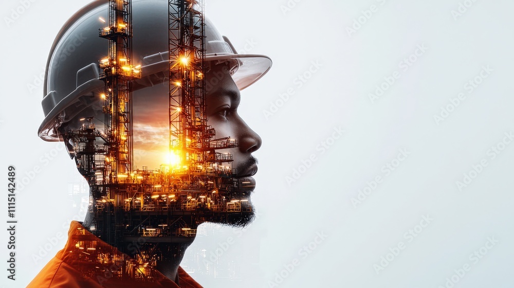 Poster abstract double exposure of an oil worker and a rig's towering framework, capturing the essence of e