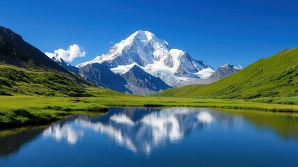 Fototapeta premium Serene riverbank with lush vegetation, snowcapped mountains reflecting in the water, remote and pristine