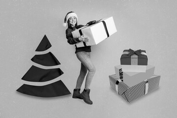 Creative photo 3d collage artwork postcard poster greeting card of young girl hold receive big gift...