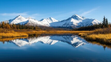 Serene riverbank with snowcapped mountains in the background, crystalclear water reflecting the landscape, remote wilderness