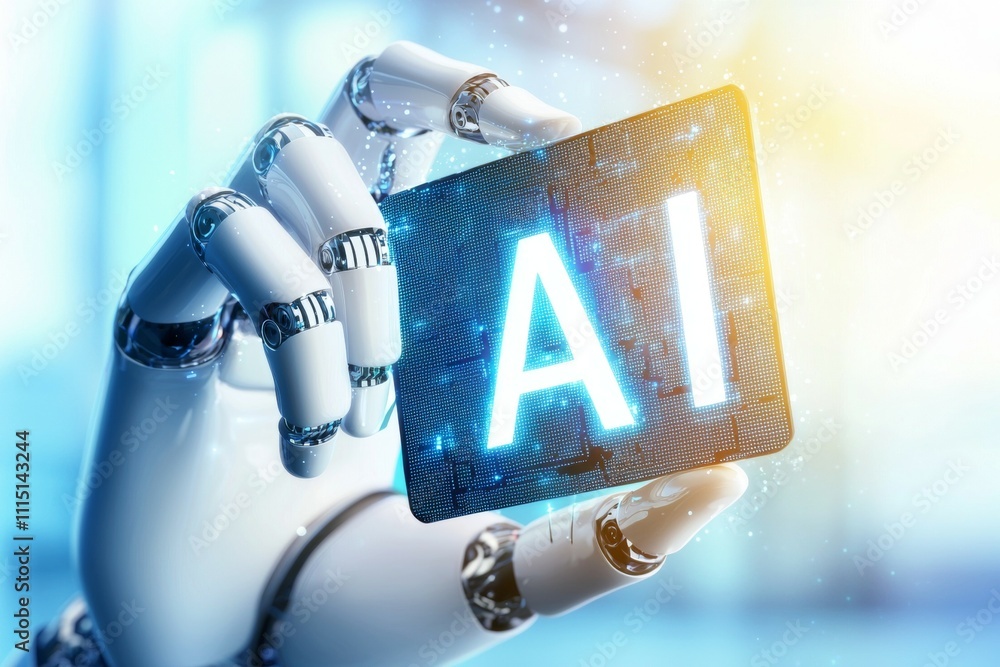 Poster a robot is holding a card with the word ai on it