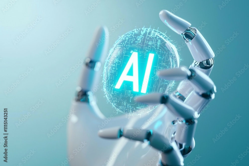 Poster a robot is holding a glowing sphere with the letters ai on it