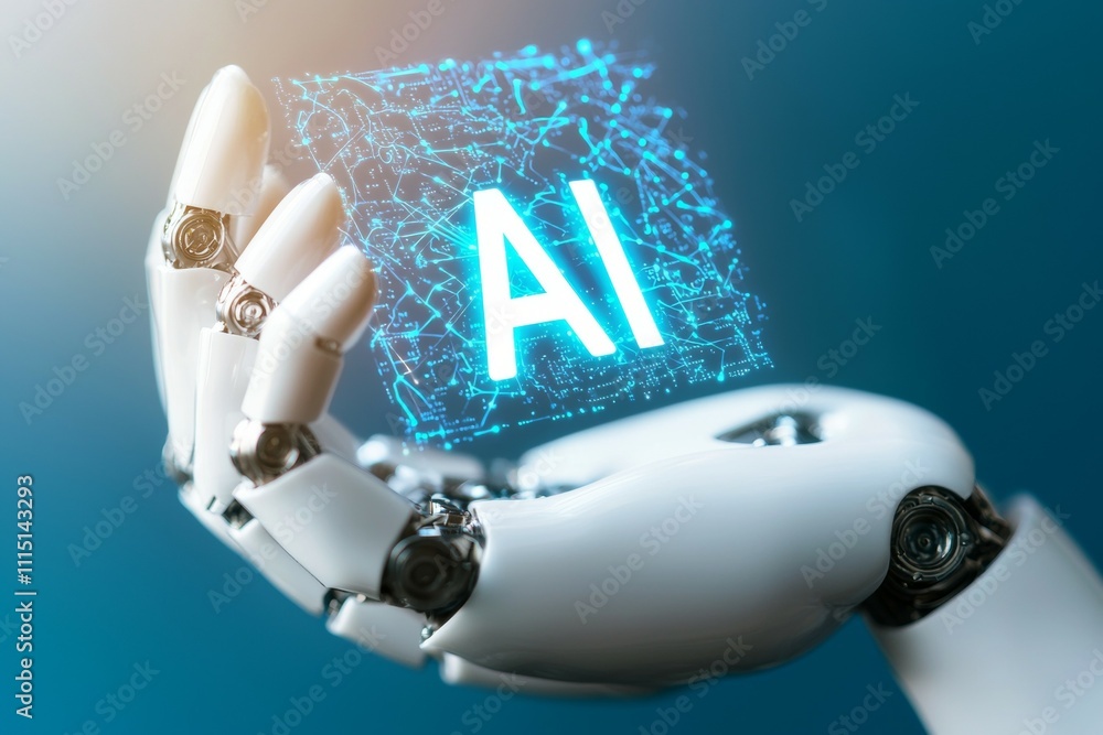 Aufkleber a robot is holding a cube with the letters ai on it