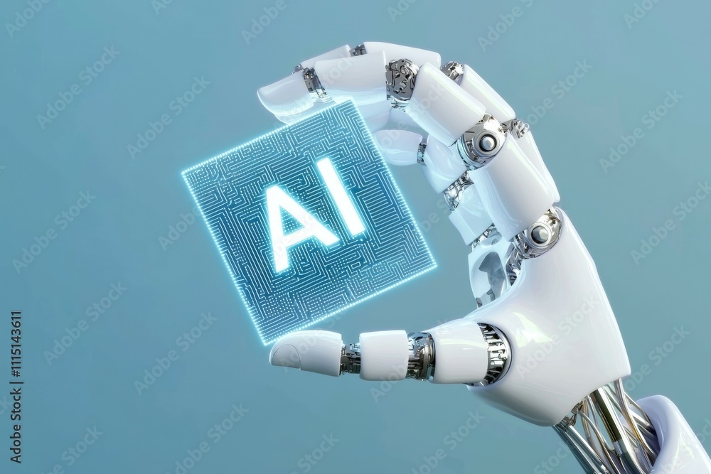 Poster a robot is holding a cube with the letters ai on it
