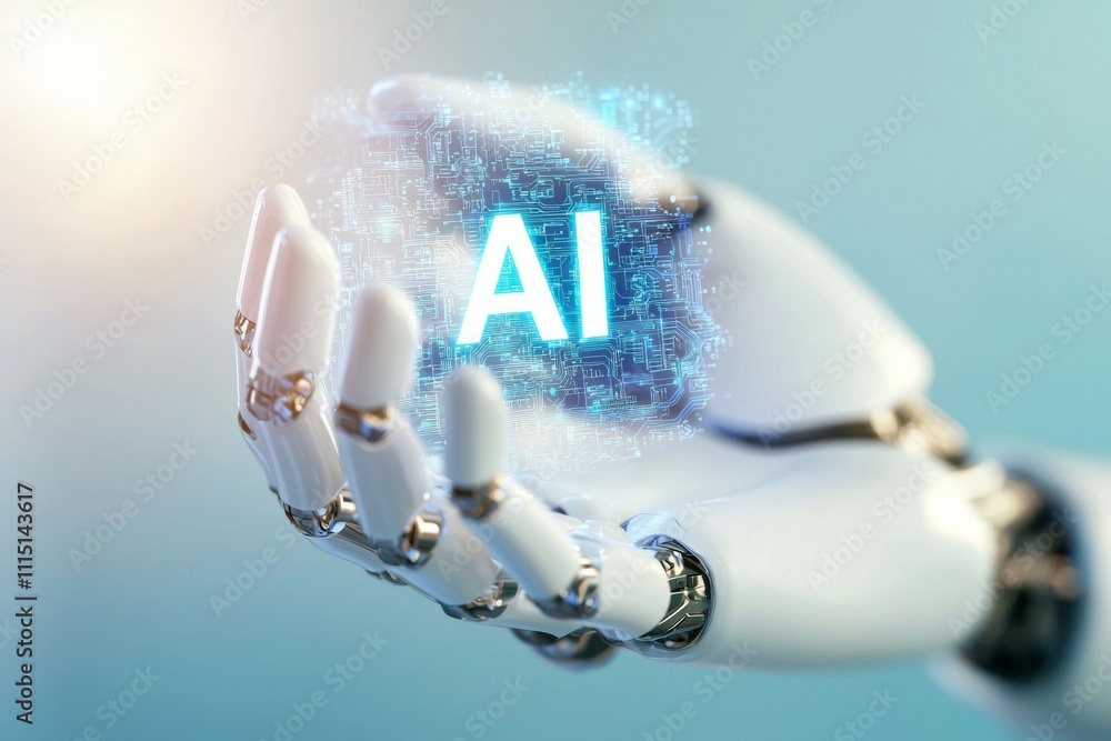 Poster a robot is holding a hand with the letters ai on it