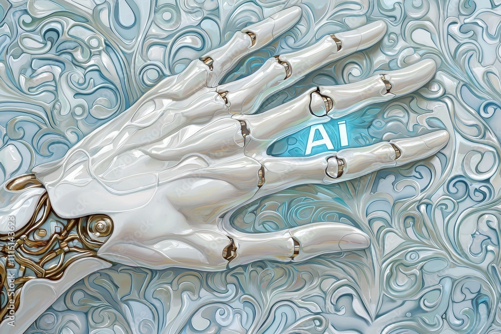 Poster a robotic hand with the letters ai on it